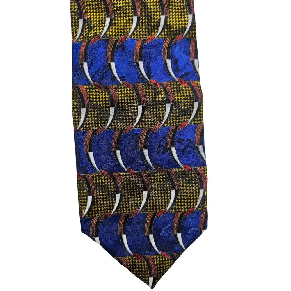 Emilio Romano Silk Tie Blue Yellow‎ Red Geometric Houndstooth Handmade Italy
